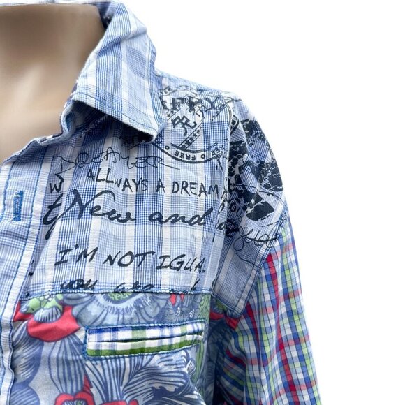 90's Desigual Long Sleeve Plaid Patchwork Floral Button Up‎ Shirt Unisex Mens M - Picture 5 of 12